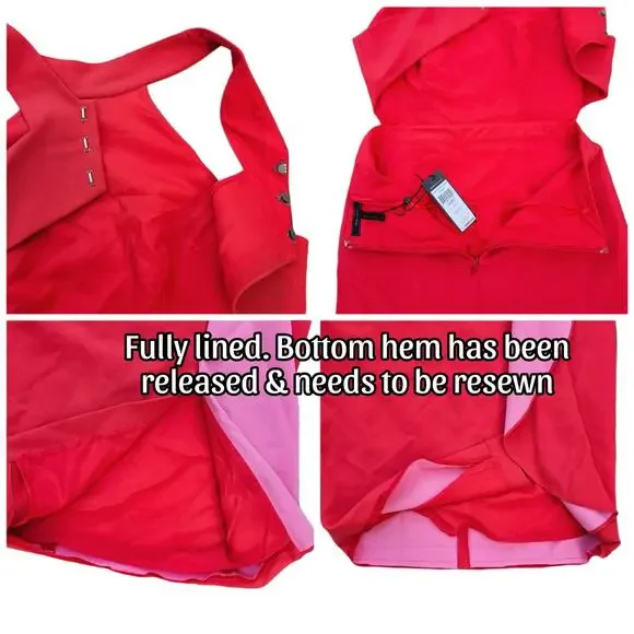 Cut Out Halter Dress BCBGMaxAzria Maryssa Size 10 Red/Orange Pink Stretch Ruffle - Picture 5 of 11